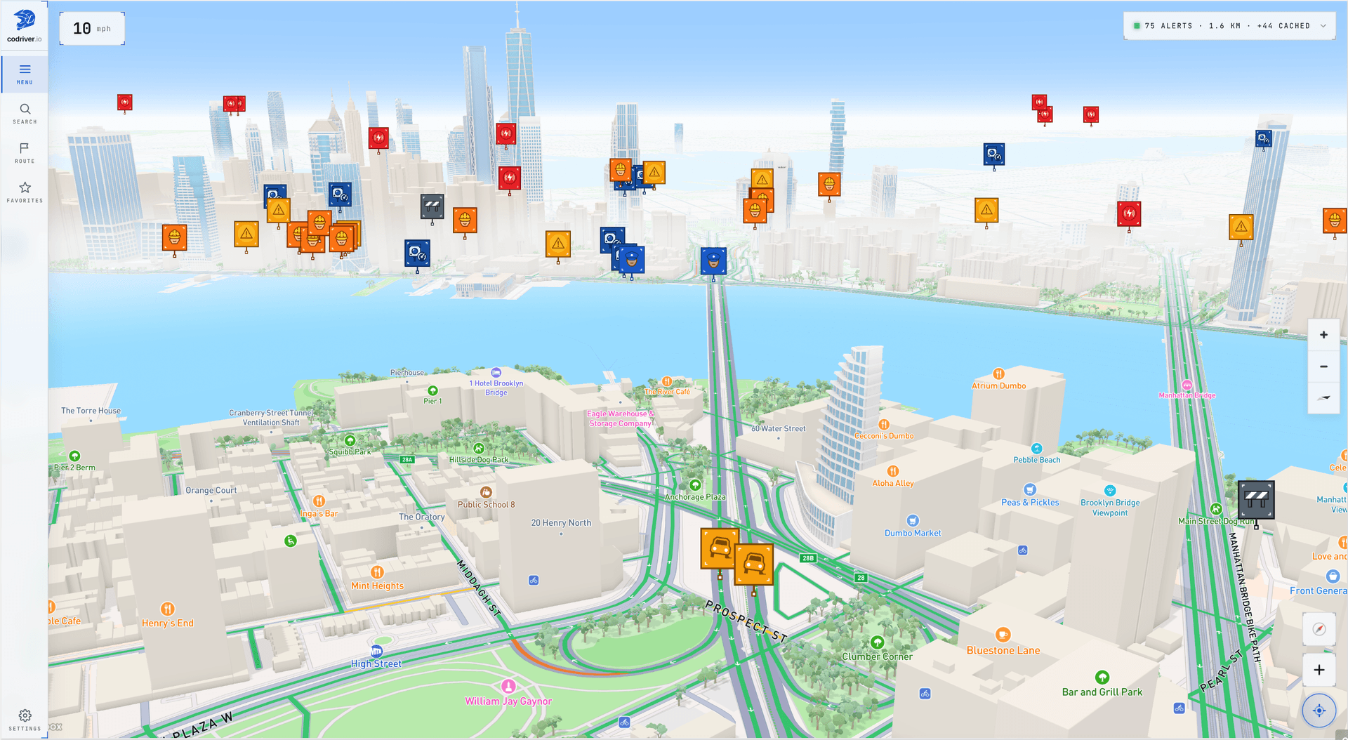 codriver running in the Tesla browser — main map with community alerts