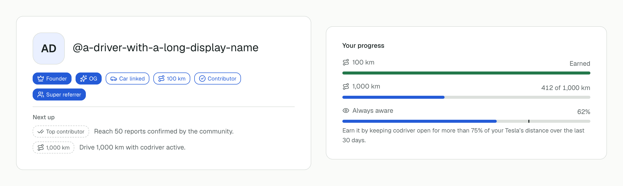 A member card with earned badges Founder, OG, Car linked, 100 km, Contributor and Super referrer above a Next up list, beside Your progress: 100 km earned, 1,000 km at 412 of 1,000 km, and Always aware at 62% with a marker at 75%