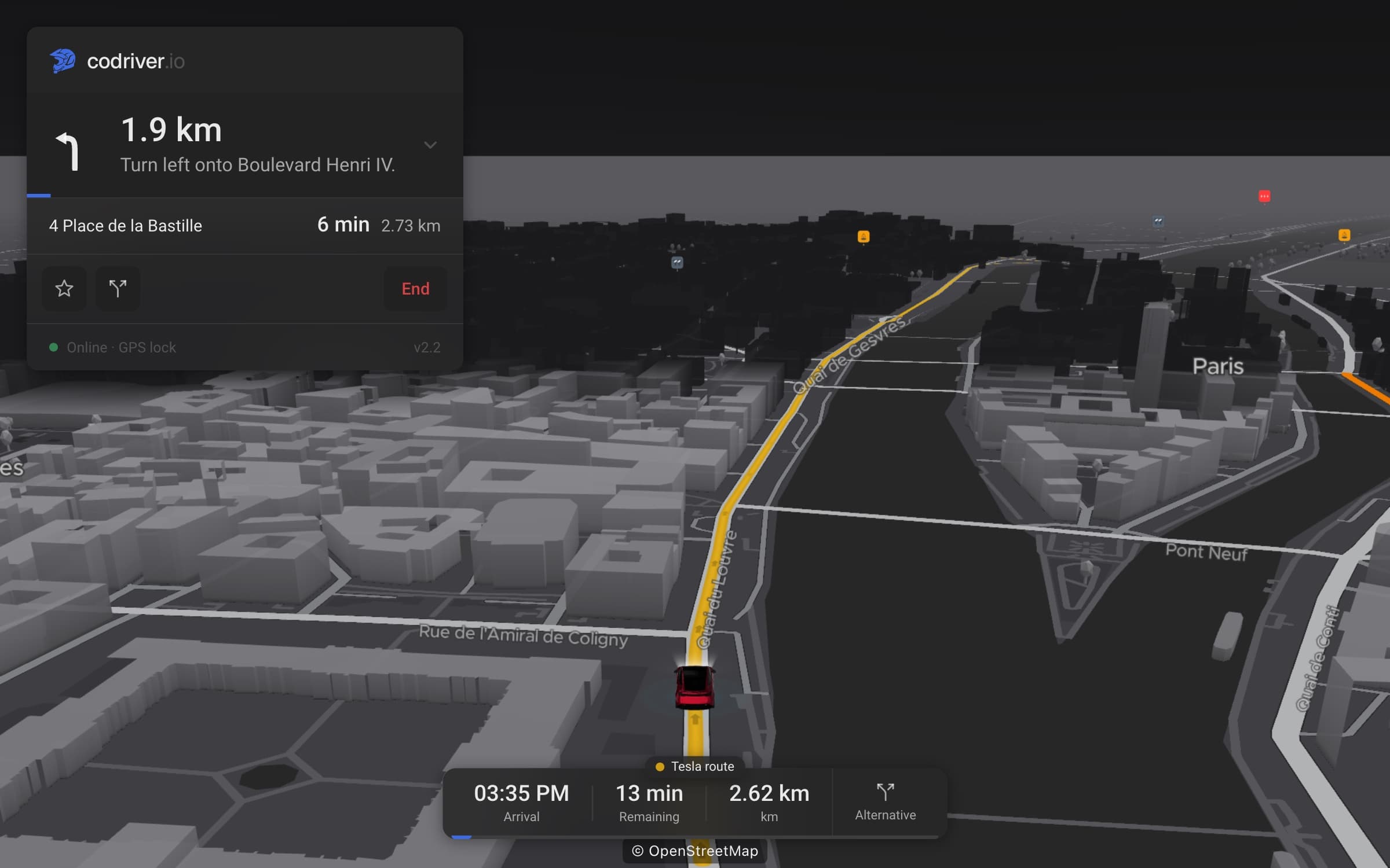 A red Model Y with its headlights on drives along the Seine in a tilted 3D night map of Paris; the car's route is a gold line, a chip reads Tesla route, and the card says Turn left onto Boulevard Henri IV in 1.9 km, towards 4 Place de la Bastille