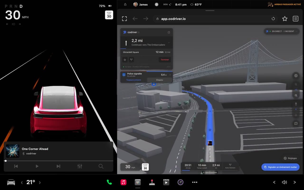 L’application codriver dans le navigateur Tesla
