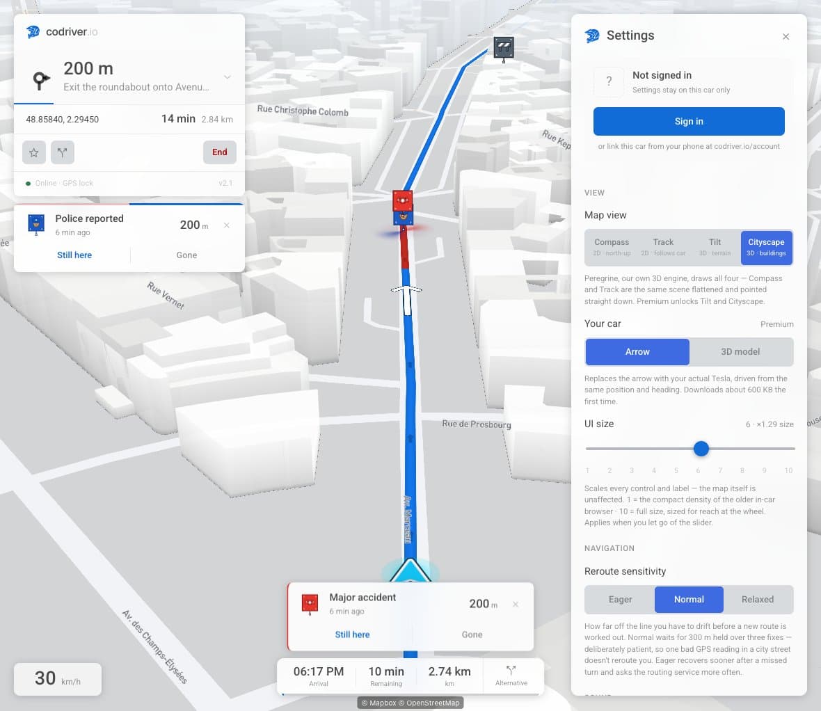 Le panneau Réglages commence par la connexion au compte, suivie de la vue de la carte, de l’affichage de la voiture et de la taille des commandes