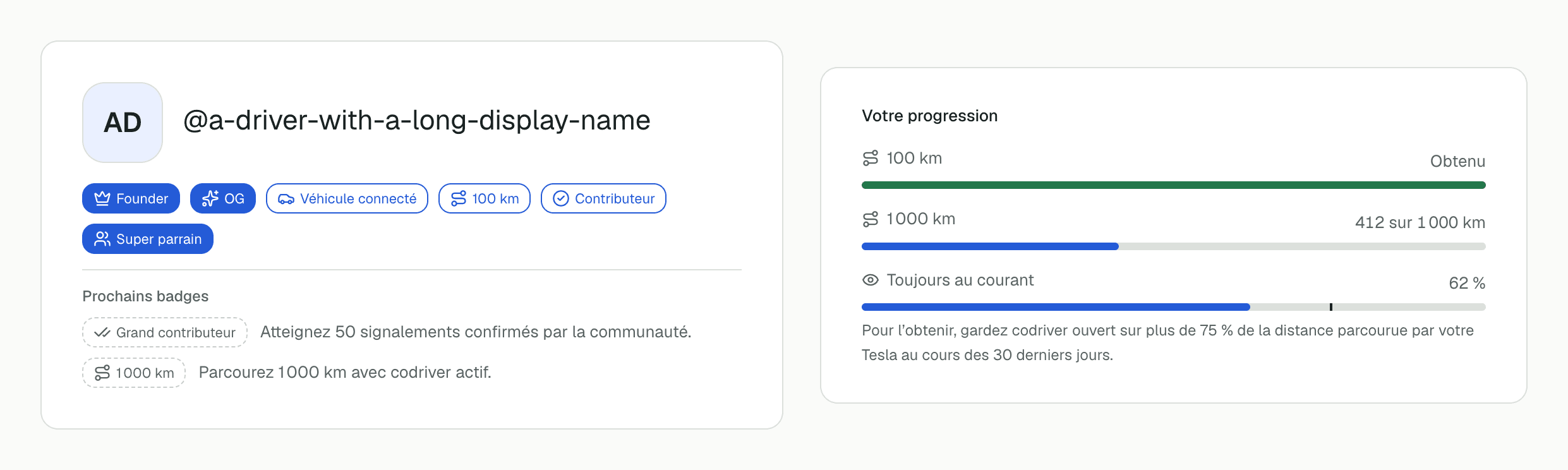 Une carte de membre avec les badges Founder, OG, Véhicule connecté, 100 km, Contributeur et Super parrain au-dessus de Prochains badges, à côté de Votre progression : 100 km obtenu, 1000 km à 412 sur 1000 km et Toujours au courant à 62 % avec un repère à 75 %