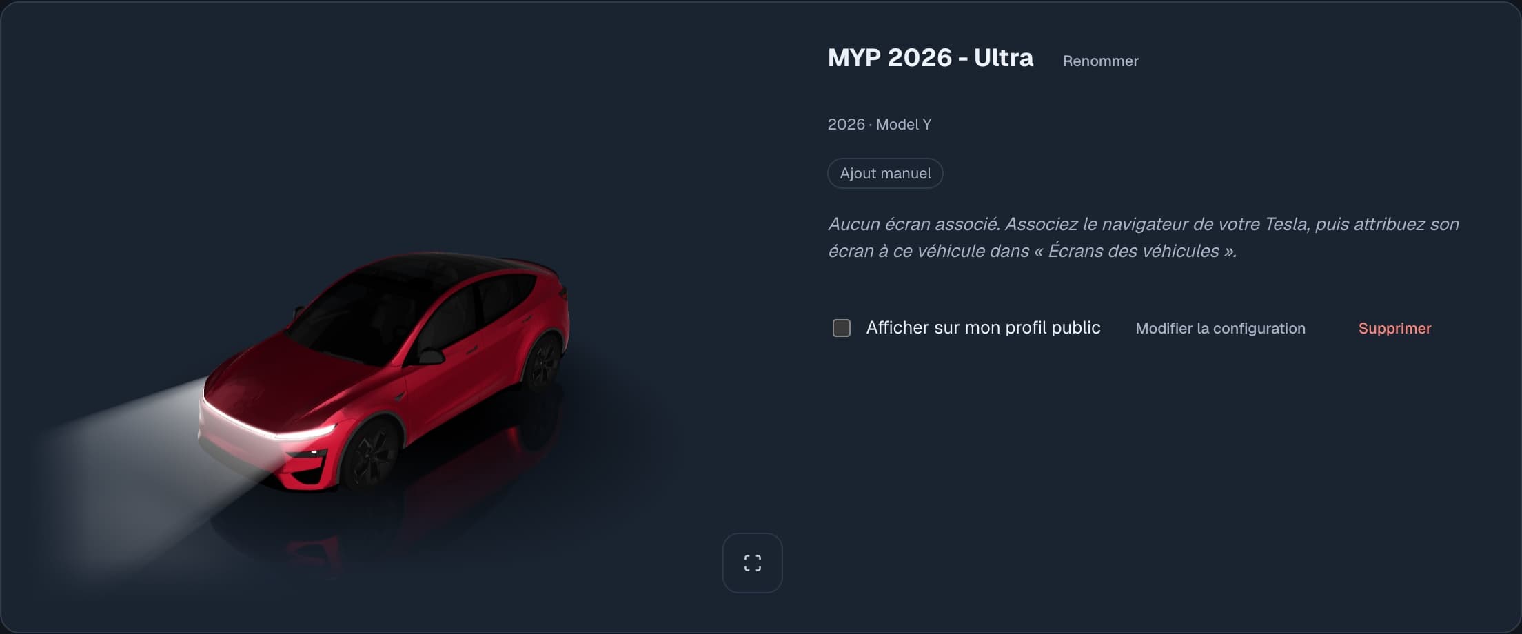 La carte Garage en français : un Model Y Juniper rouge en 3D, faisceaux des phares allumés, nommé MYP 2026 - Ultra, avec Renommer, Ajout manuel, Afficher sur mon profil public, Modifier la configuration et Supprimer