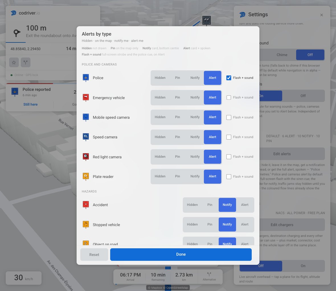 codriver’s alert settings, with individual controls for police, cameras and road hazards.