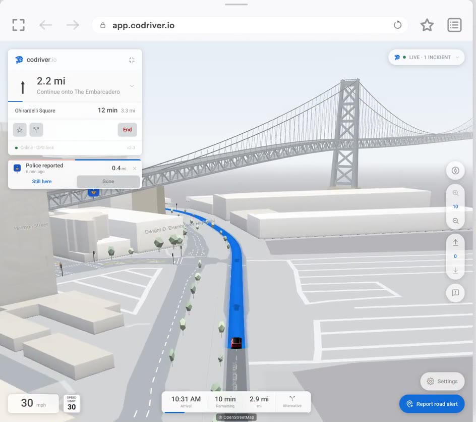 codriver’s 3D Cityscape map guiding a drive through San Francisco