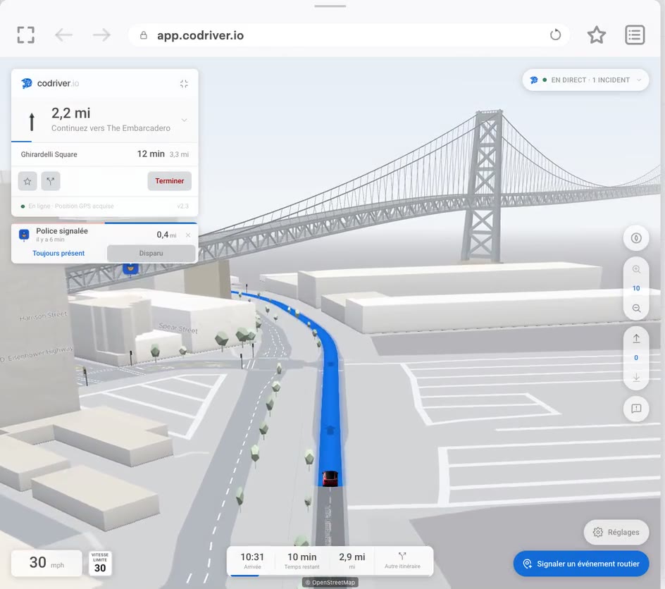 La carte Bâtiments 3D de codriver guide un trajet dans San Francisco