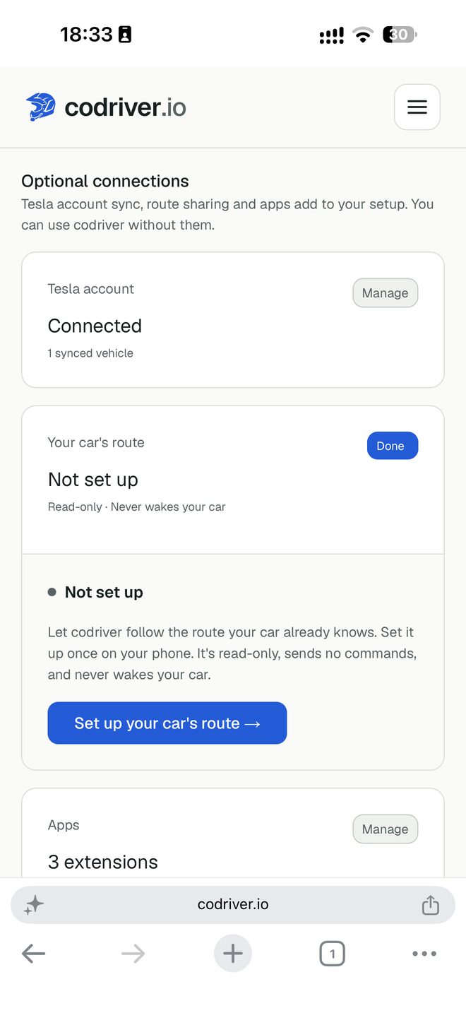 The account page on a phone: the Tesla account card reads Connected, and the Your car's route card reads Not set up with a Set up your car's route button