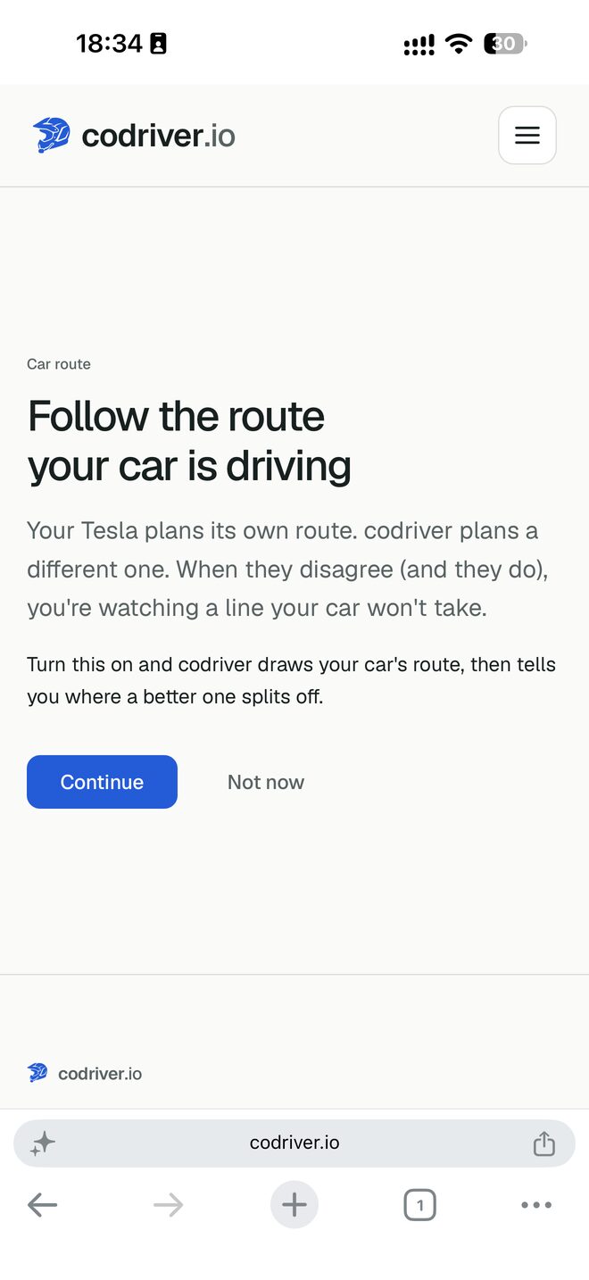 The first wizard screen, titled Follow the route your car is driving, with Continue and Not now buttons