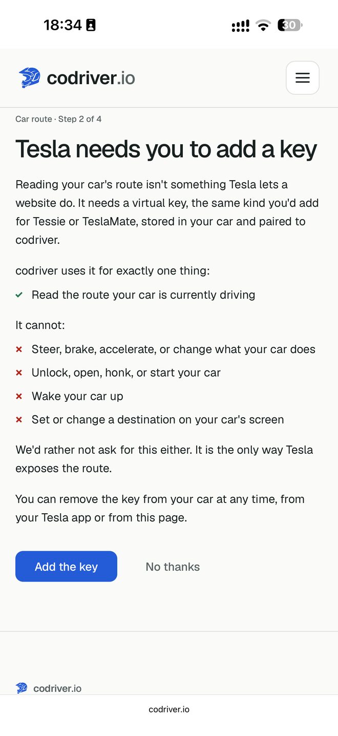 Step 2 of 4, Tesla needs you to add a key: one green tick for reading the route, four red crosses for what the key cannot do, and an Add the key button