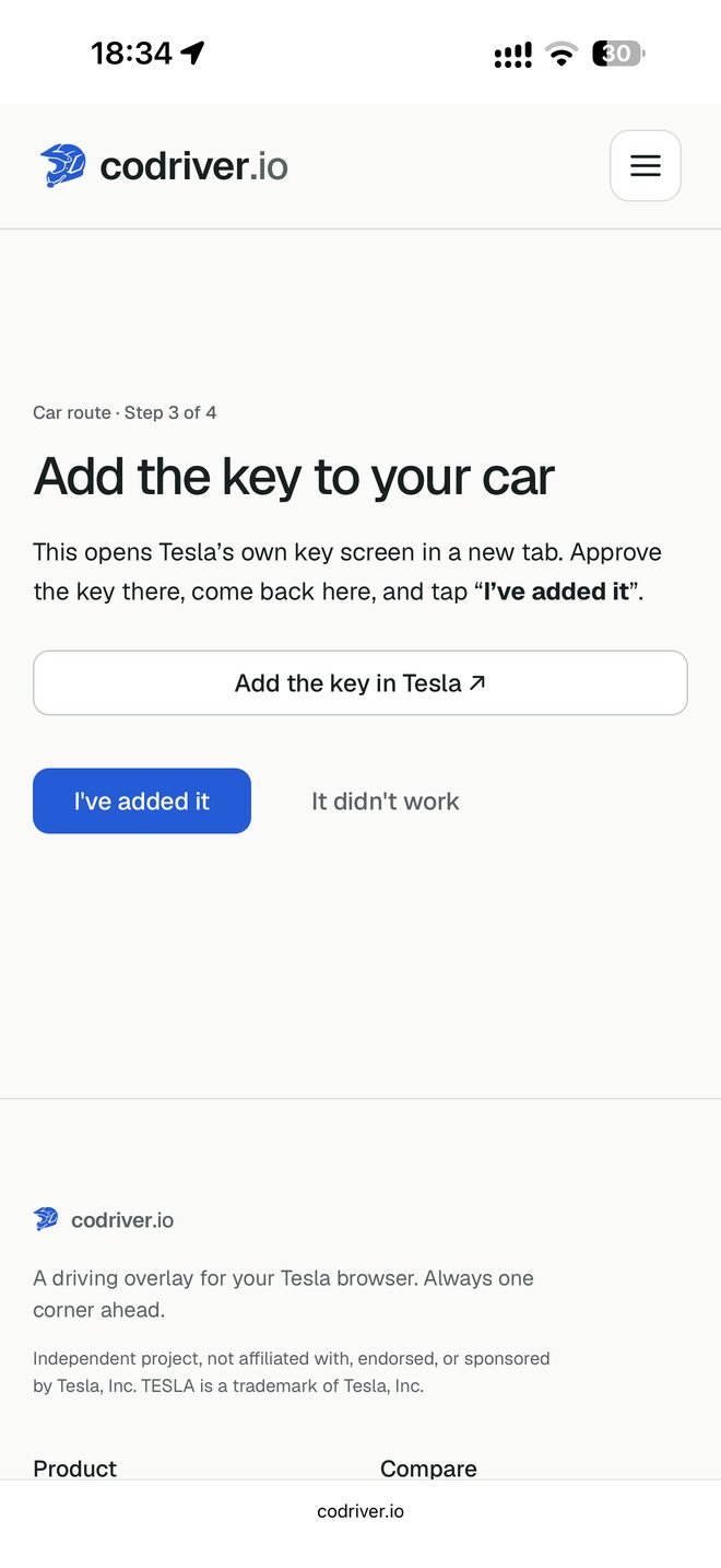 Step 3 of 4, Add the key to your car, with the Add the key in Tesla button