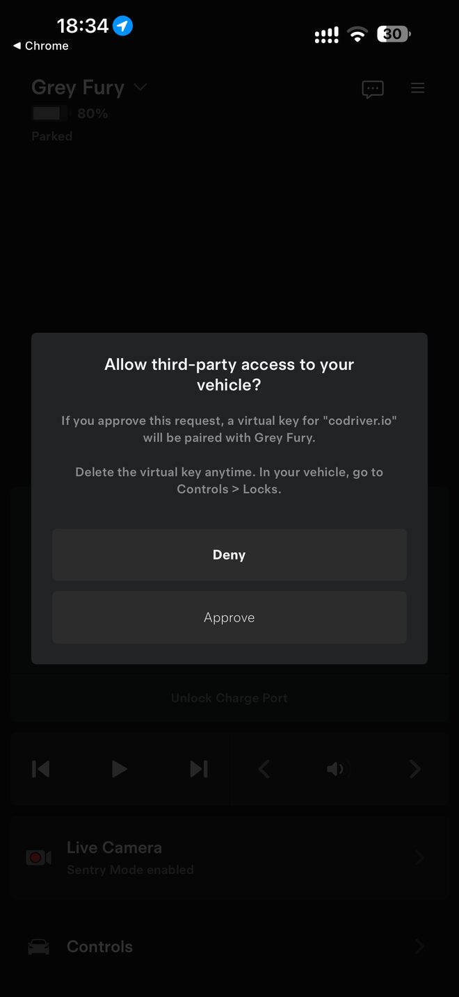 The Tesla app asking Allow third-party access to your vehicle, with Deny and Approve buttons