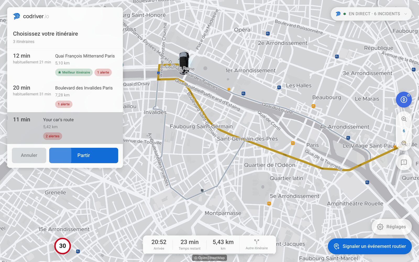 Le choix d’itinéraire de codriver sur le trajet simulé à Paris : la liste Choisissez votre itinéraire propose trois options, l’itinéraire de la voiture (libellé « Your car's route ») est sélectionné, son tracé est doré sur la carte et le bouton Partir est en dessous