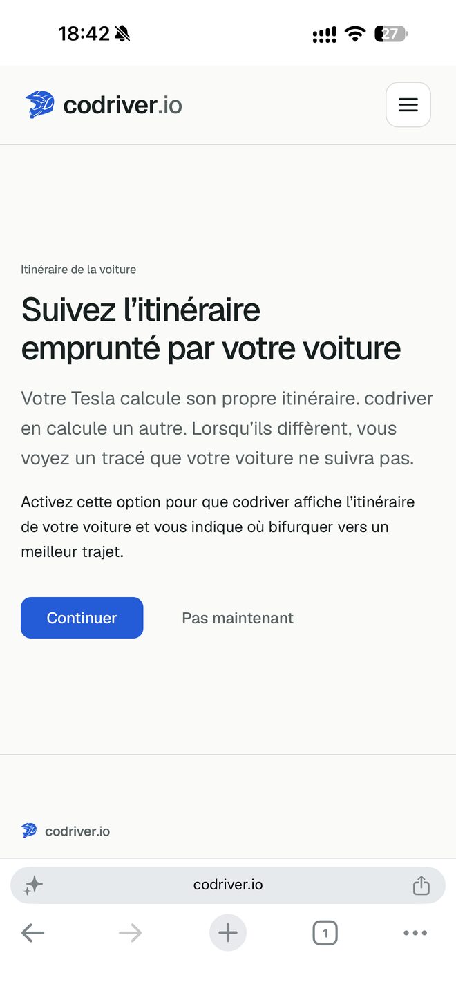 Le premier écran de l’assistant, intitulé Suivez l’itinéraire emprunté par votre voiture, avec les boutons Continuer et Pas maintenant