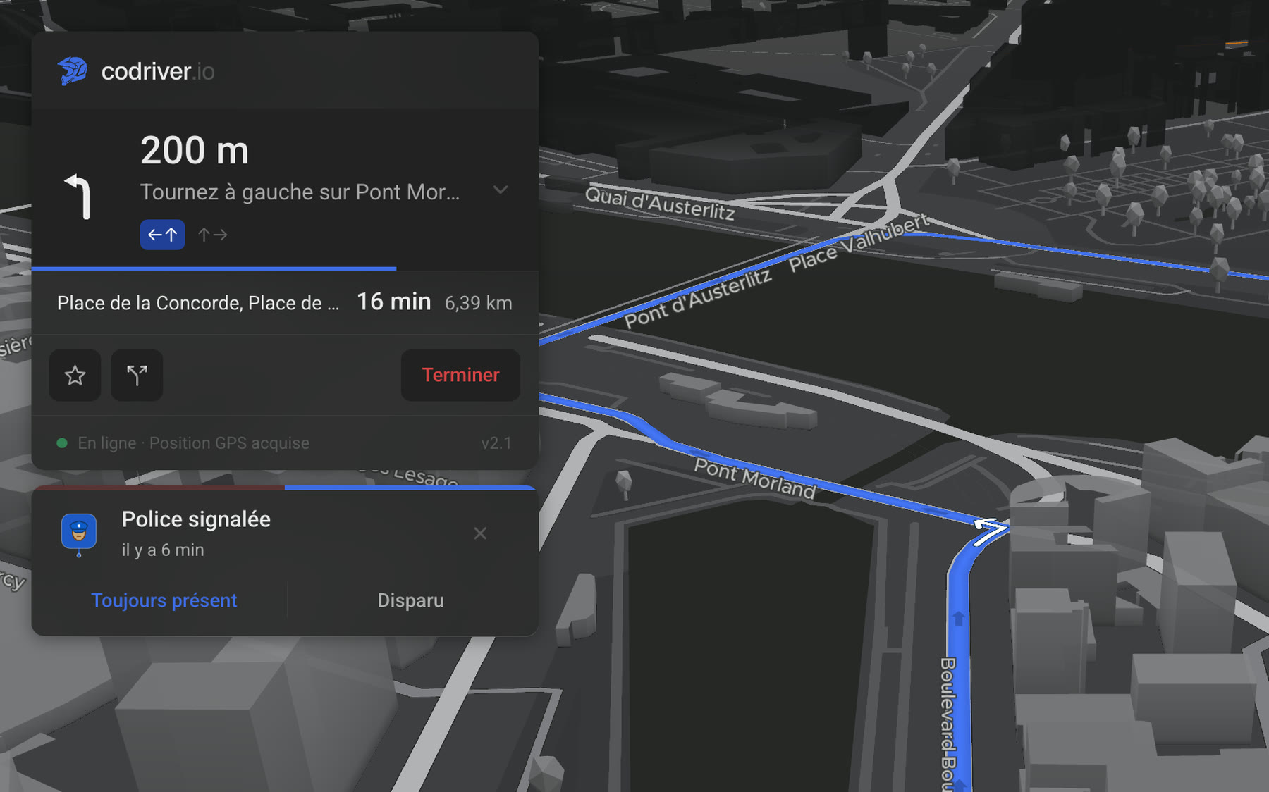 La carte de navigation codriver à l’approche d’un carrefour, avec une bande de voies sous la manœuvre indiquant laquelle emprunter.